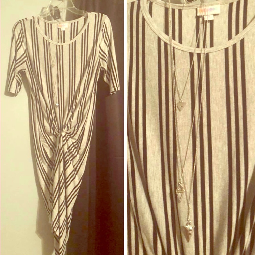 Lularoe black and gray striped dress and necklace